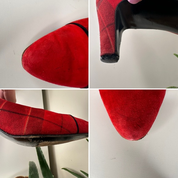 Vintage ESCADA Red Plaid Suede Kitten Heels Pumps 8 B Made in Italy Leather Sole - Picture 13 of 13